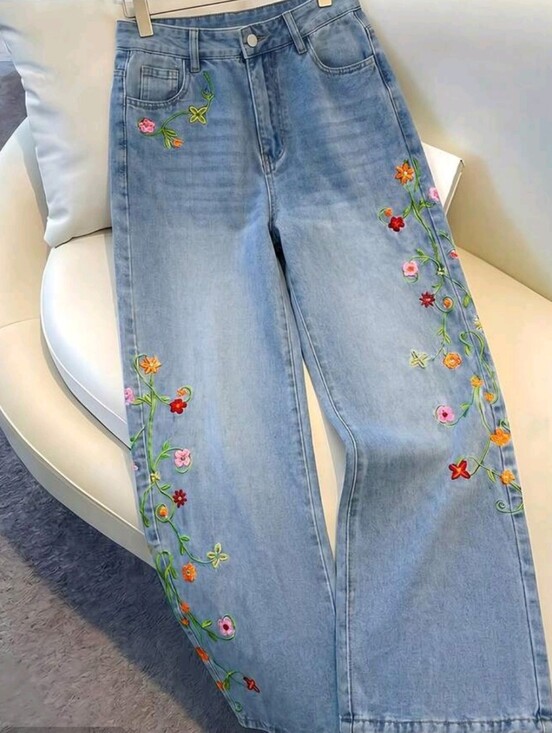 Denim - Casual Boho Washed Floral Embroidered Denim Jeans Everyday Blue Floral